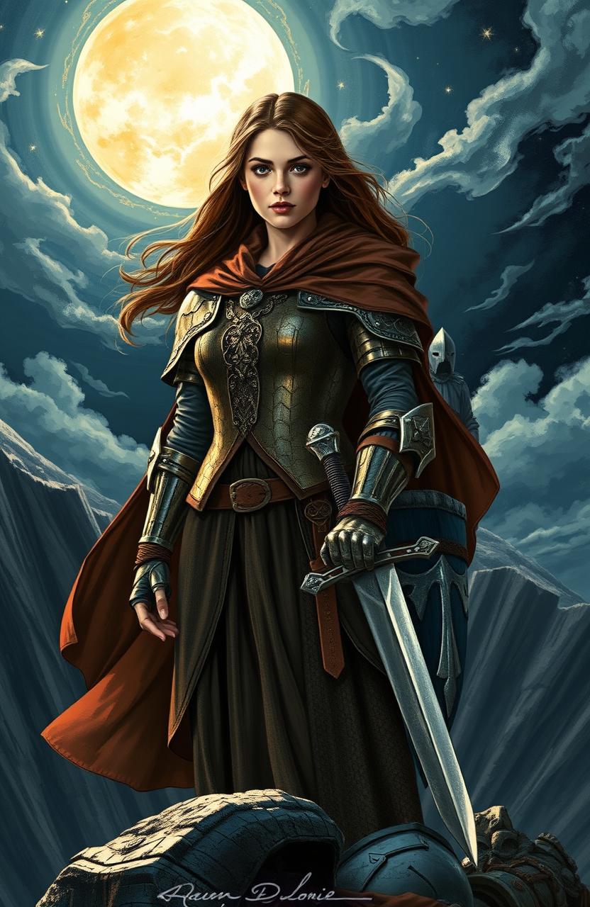 A young woman standing on a rugged cliffside, her face illuminated by the moonlight, revealing determination and bravery as she faces encroaching darkness