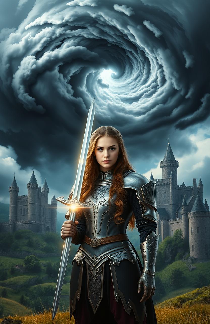 A young woman standing bravely in the foreground, her expression determined as she faces a swirling mass of darkness threatening to engulf a majestic medieval kingdom in the background