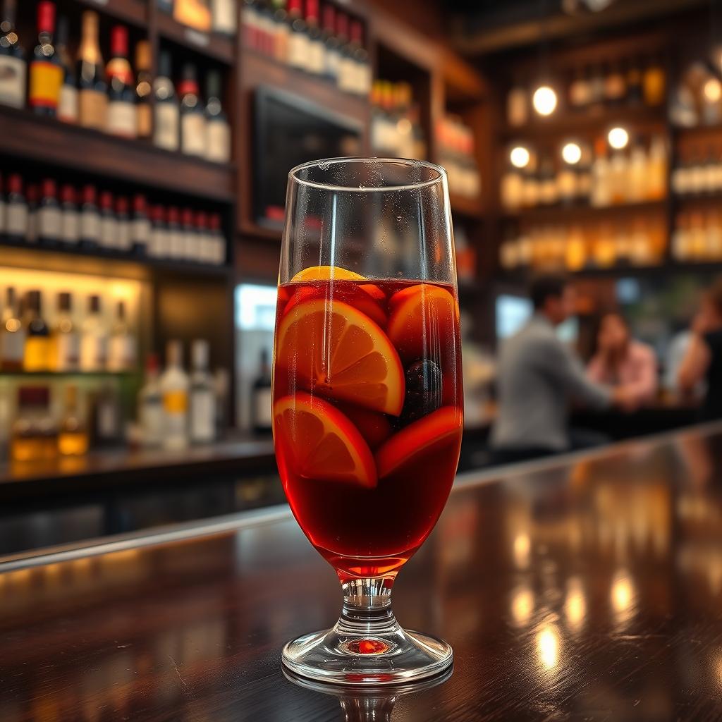 A half-filled glass of sangria placed on a polished dark wooden bar