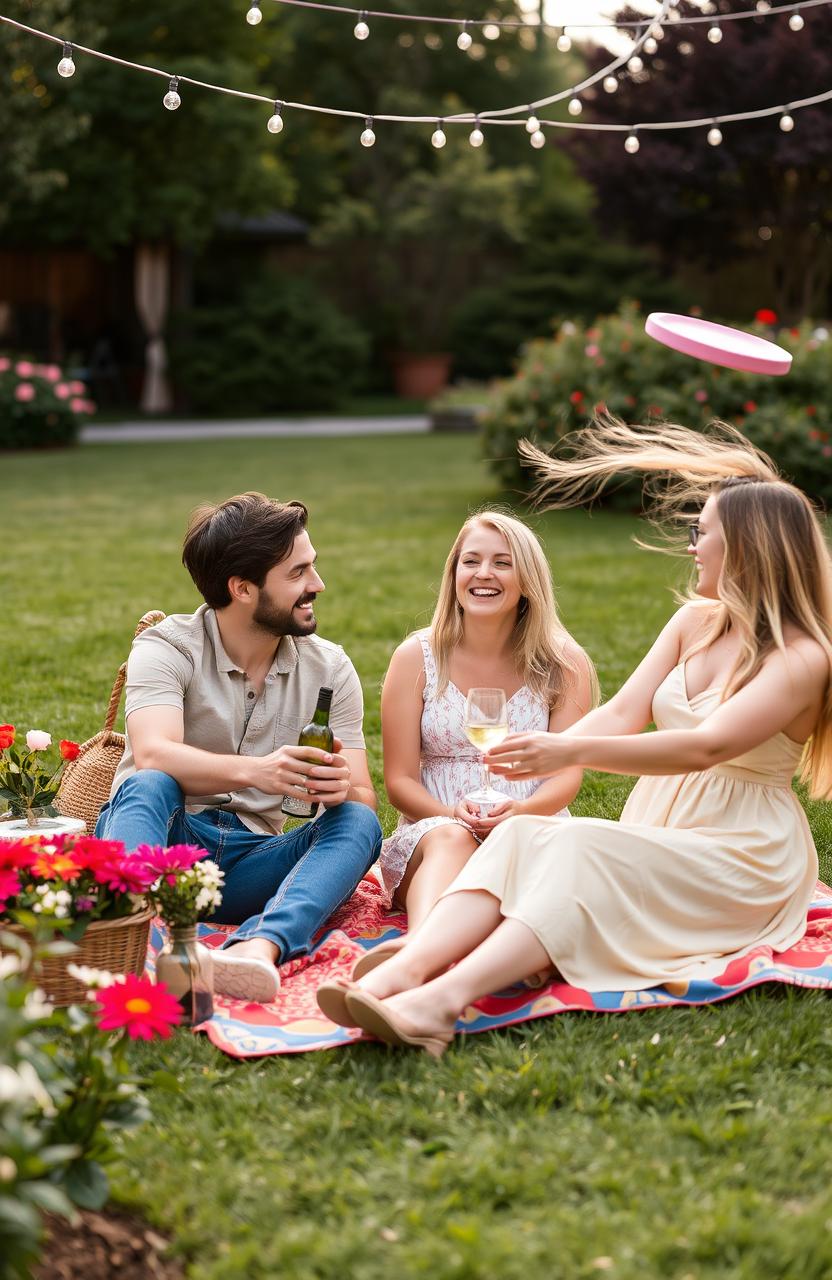 A lively and intimate outdoor gathering featuring two couples and a single girl