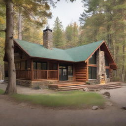 An administration building at a retreat camp showcasing two offices, three bedrooms, one kitchen, a large dining area designed for 80 persons, and a cozy gathering area highlighted by a warm, inviting fireplace.