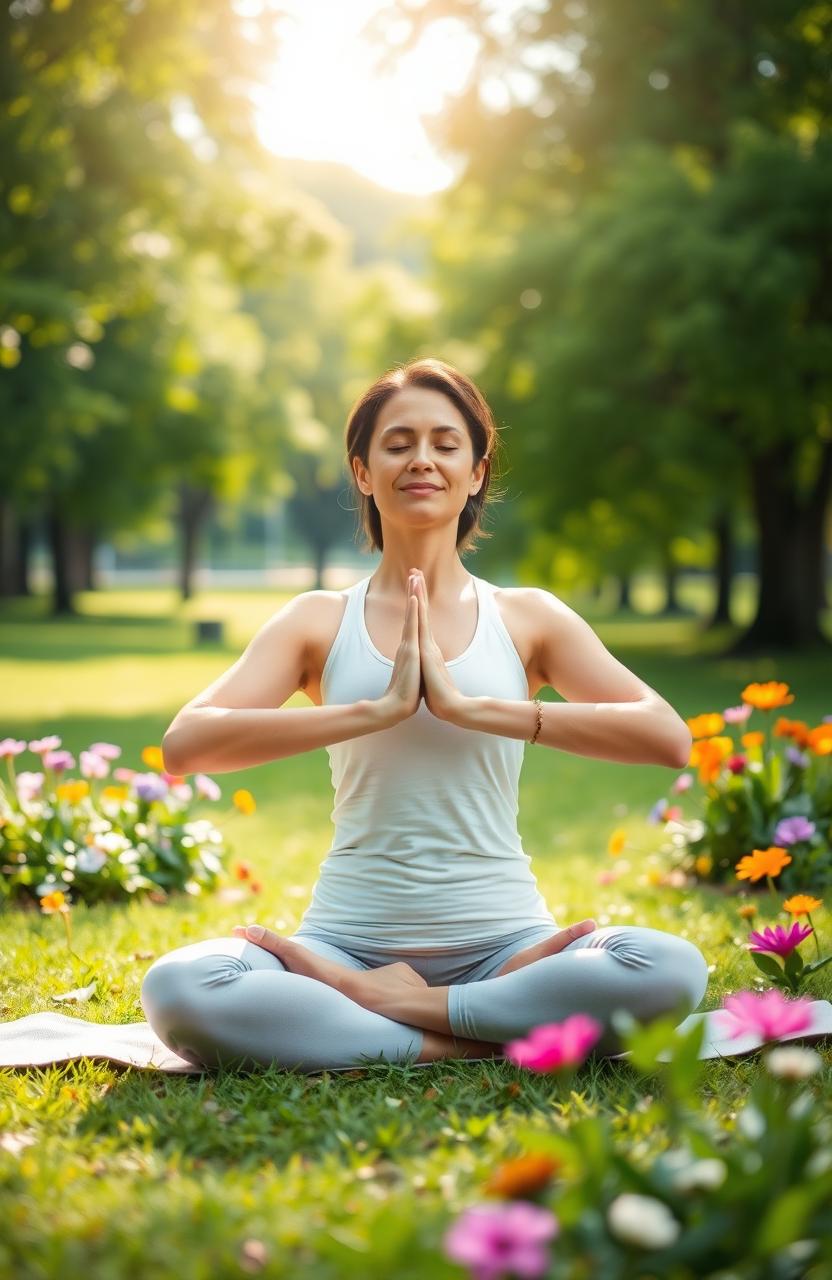 A serene and inspiring scene depicting a person practicing gentle yoga surrounded by nature, showcasing a lush green park with soft sunlight filtering through the trees