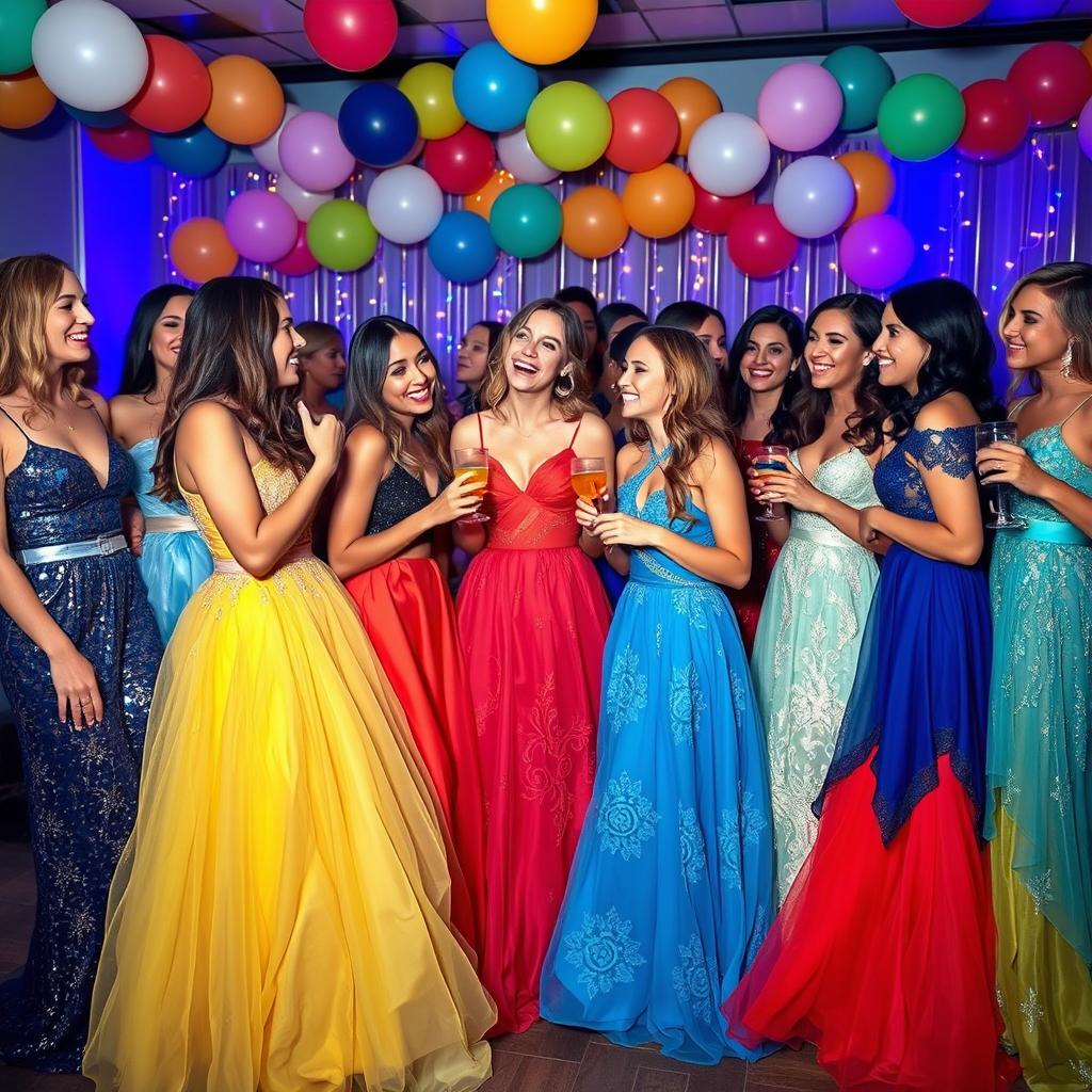 A group of young women wearing exquisite party dresses, gathered at a festive celebration