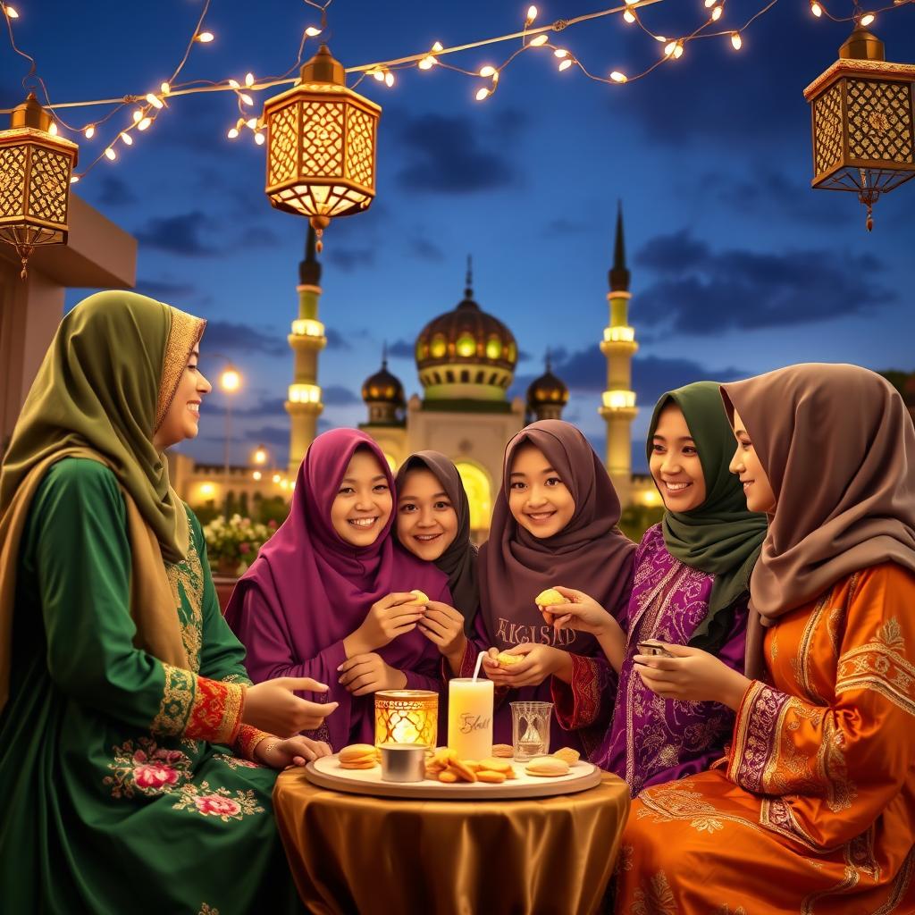 A vibrant and colorful image of young women celebrating Ramadan