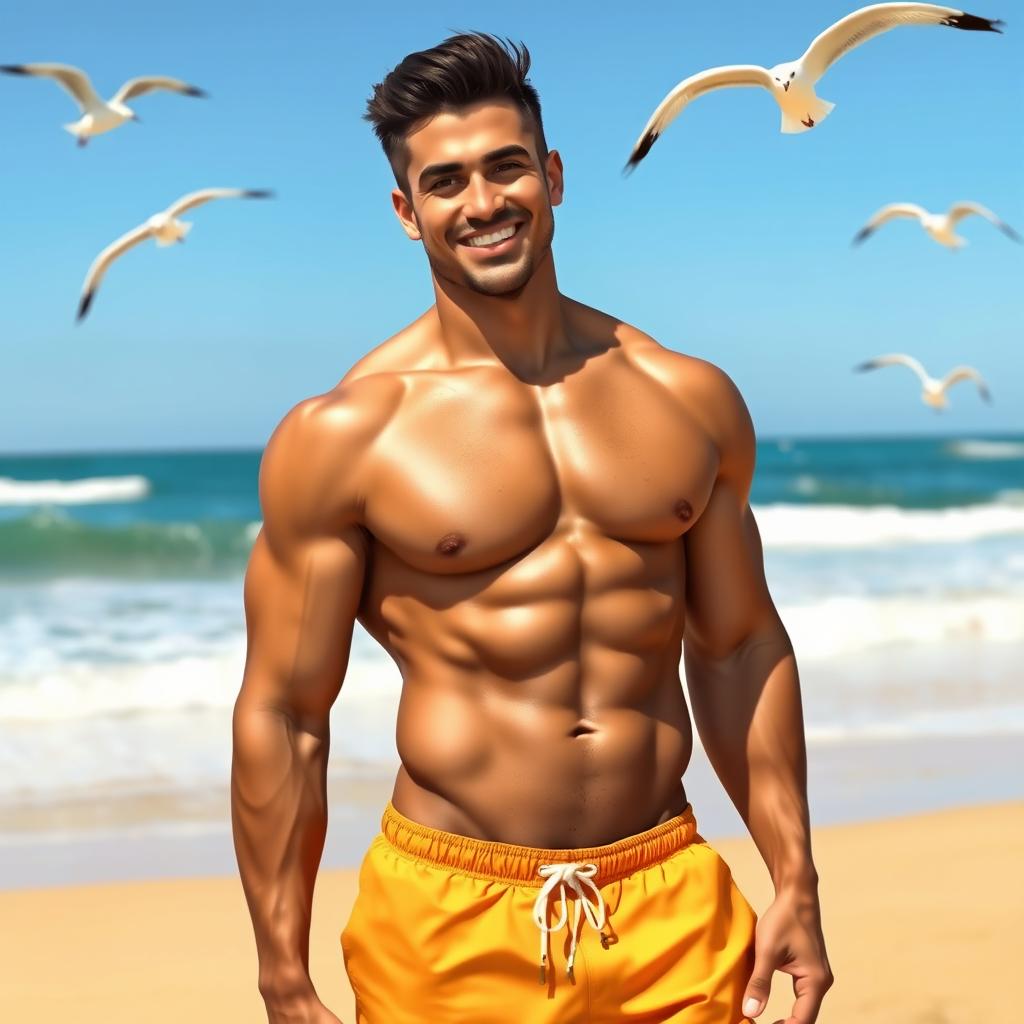 A muscular man standing confidently on the beach, sun shining down, showcasing his well-defined abs