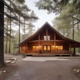 An administration building at a retreat camp showcasing two offices, three bedrooms, one kitchen, a large dining area designed for 80 persons, and a cozy gathering area highlighted by a warm, inviting fireplace.