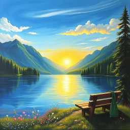 A vibrant and colorful painting of a serene landscape featuring a calm lake surrounded by lush green forests, with majestic mountains in the background under a bright blue sky
