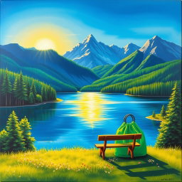 A vibrant and colorful painting of a serene landscape featuring a calm lake surrounded by lush green forests, with majestic mountains in the background under a bright blue sky