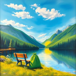 A vibrant and colorful painting of a serene landscape featuring a calm lake surrounded by lush green forests, with majestic mountains in the background under a bright blue sky
