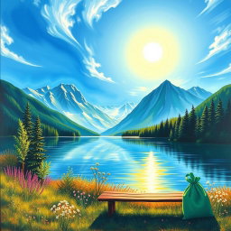 A vibrant and colorful painting of a serene landscape featuring a calm lake surrounded by lush green forests, with majestic mountains in the background under a bright blue sky