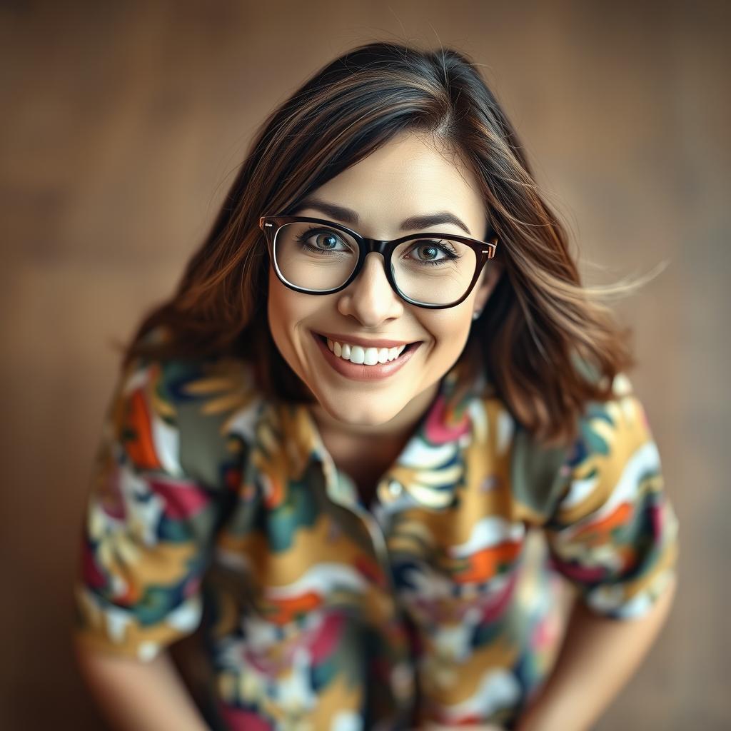 A real woman, 45 years old, on her knees looking up at the viewer with a happy and radiant expression