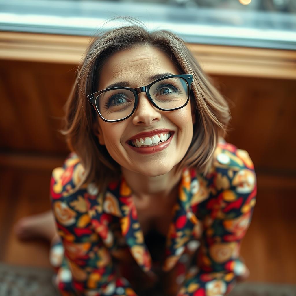 A real woman, 45 years old, on her knees looking up at the viewer with a joyful and bright smile