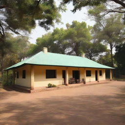 An administration building at a retreat camp, comprising two offices, three bedrooms, a kitchen, a large dining space suitable for seating 80 persons and a communal area featuring a welcoming fireplace.