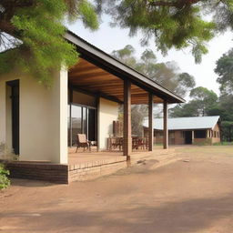 An administration building at a retreat camp, comprising two offices, three bedrooms, a kitchen, a large dining space suitable for seating 80 persons and a communal area featuring a welcoming fireplace.