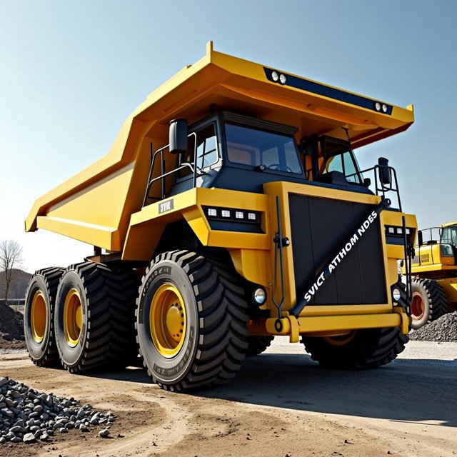 An impressive dump truck showcasing a robust design, featuring a bright yellow body, large black wheels, and a shiny metallic cab