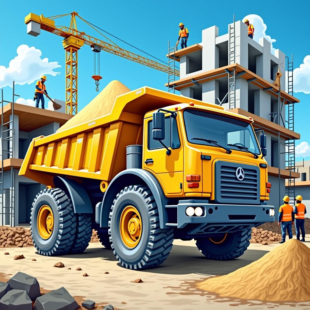 A vibrant and detailed illustration of a dump truck (camión volquete) in a construction site setting