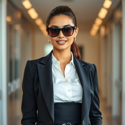 A business-oriented, attractive woman with an ideal figure, wearing black sunglasses and stylish, professional attire