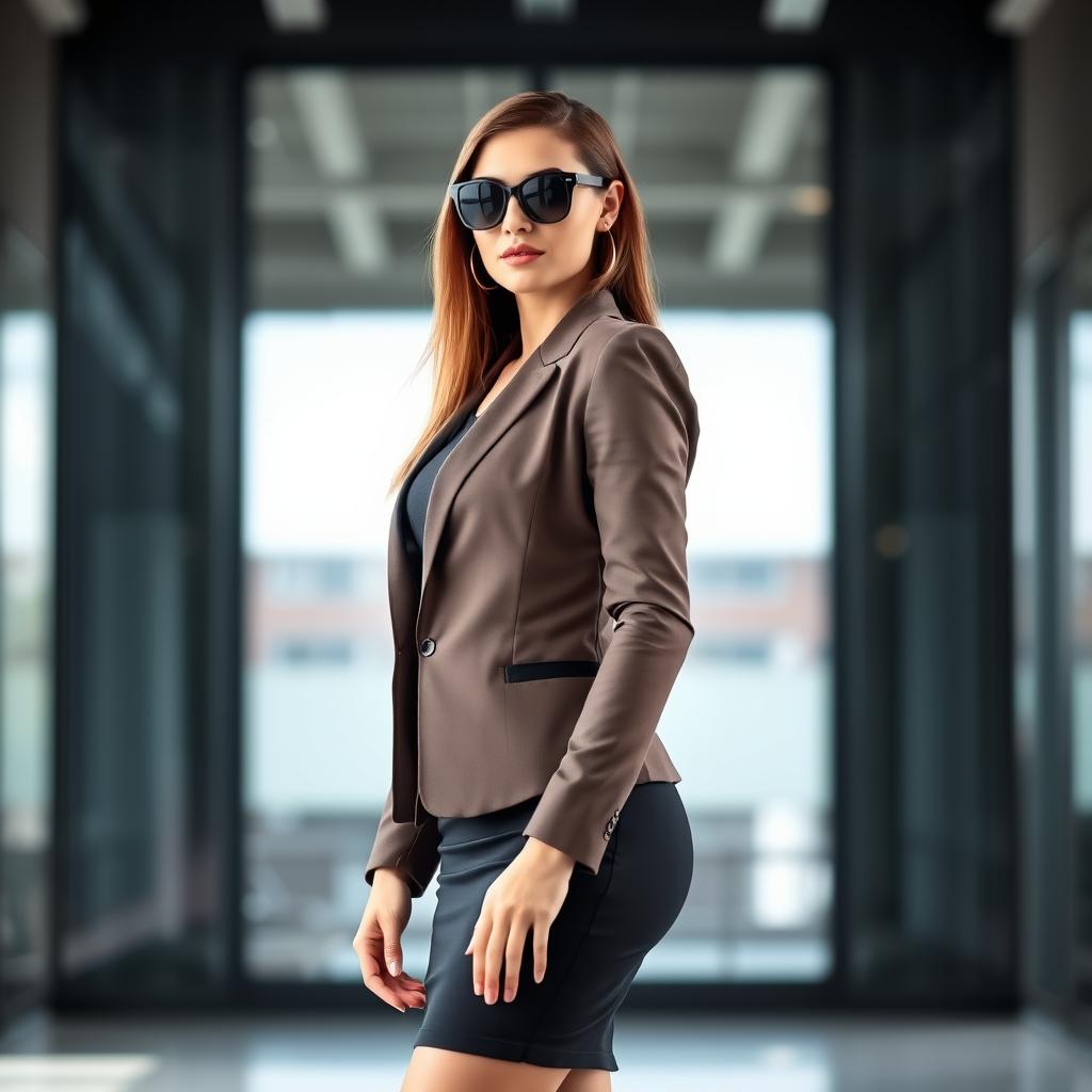 A business-oriented, attractive woman with an ideal figure, wearing black sunglasses and stylish, professional attire
