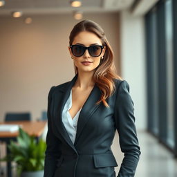 A business-oriented, attractive woman with an ideal figure, wearing black sunglasses and stylish, professional attire