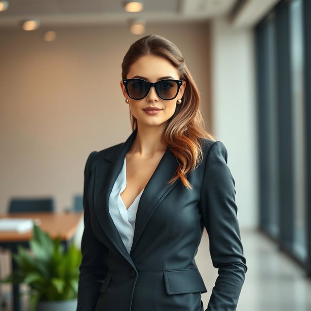 A business-oriented, attractive woman with an ideal figure, wearing black sunglasses and stylish, professional attire