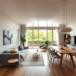 A modern European interior design featuring a spacious living room with sleek furniture, large windows allowing natural light, and elegant decor