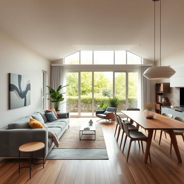 A modern European interior design featuring a spacious living room with sleek furniture, large windows allowing natural light, and elegant decor