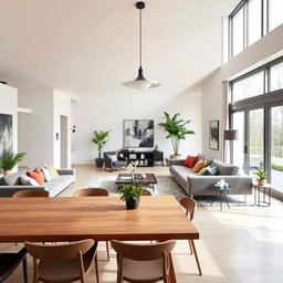 A modern European interior design featuring a spacious living room with sleek furniture, large windows allowing natural light, and elegant decor