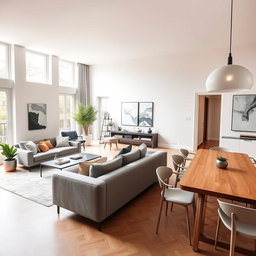 A modern European interior design featuring a spacious living room with sleek furniture, large windows allowing natural light, and elegant decor