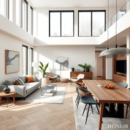 A modern European interior design featuring a spacious living room with sleek furniture, large windows allowing natural light, and elegant decor