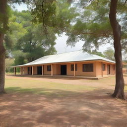 An administration building at a retreat camp, comprising two offices, three bedrooms, a kitchen, a large dining space suitable for seating 80 persons and a communal area featuring a welcoming fireplace.