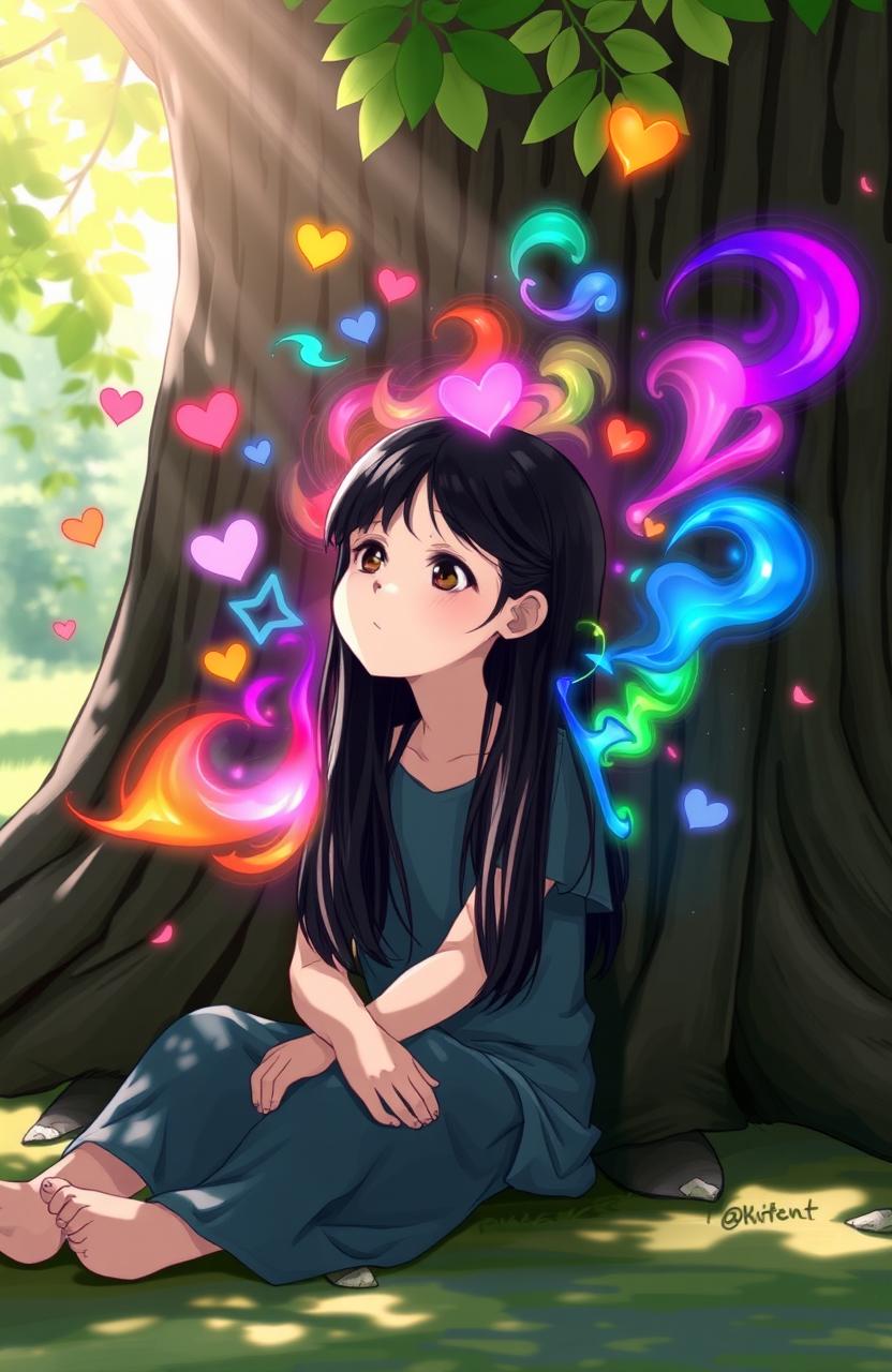 A girl with neck-length black hair, sitting peacefully against a large, textured tree