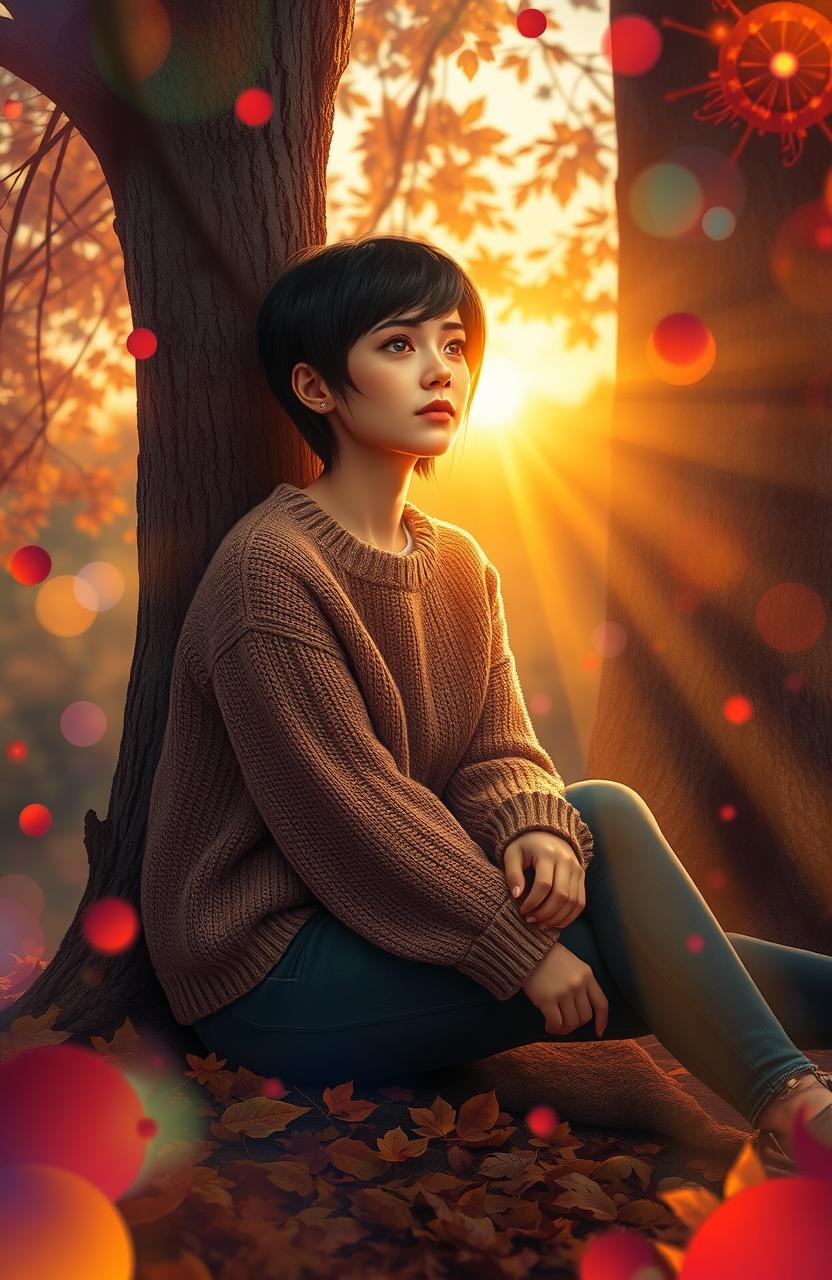 A realistic woman with short black hair sitting against a tree, reflecting deep emotions, surrounded by an ethereal atmosphere filled with vibrant colors and abstract shapes that symbolize various feelings like joy, sadness, and contemplation