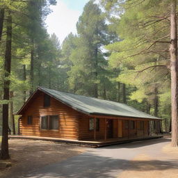 A retreat camp administration building with two offices, three bedrooms, a kitchen, dining facilities for 80 people, and a warm gathering area with a fireplace.