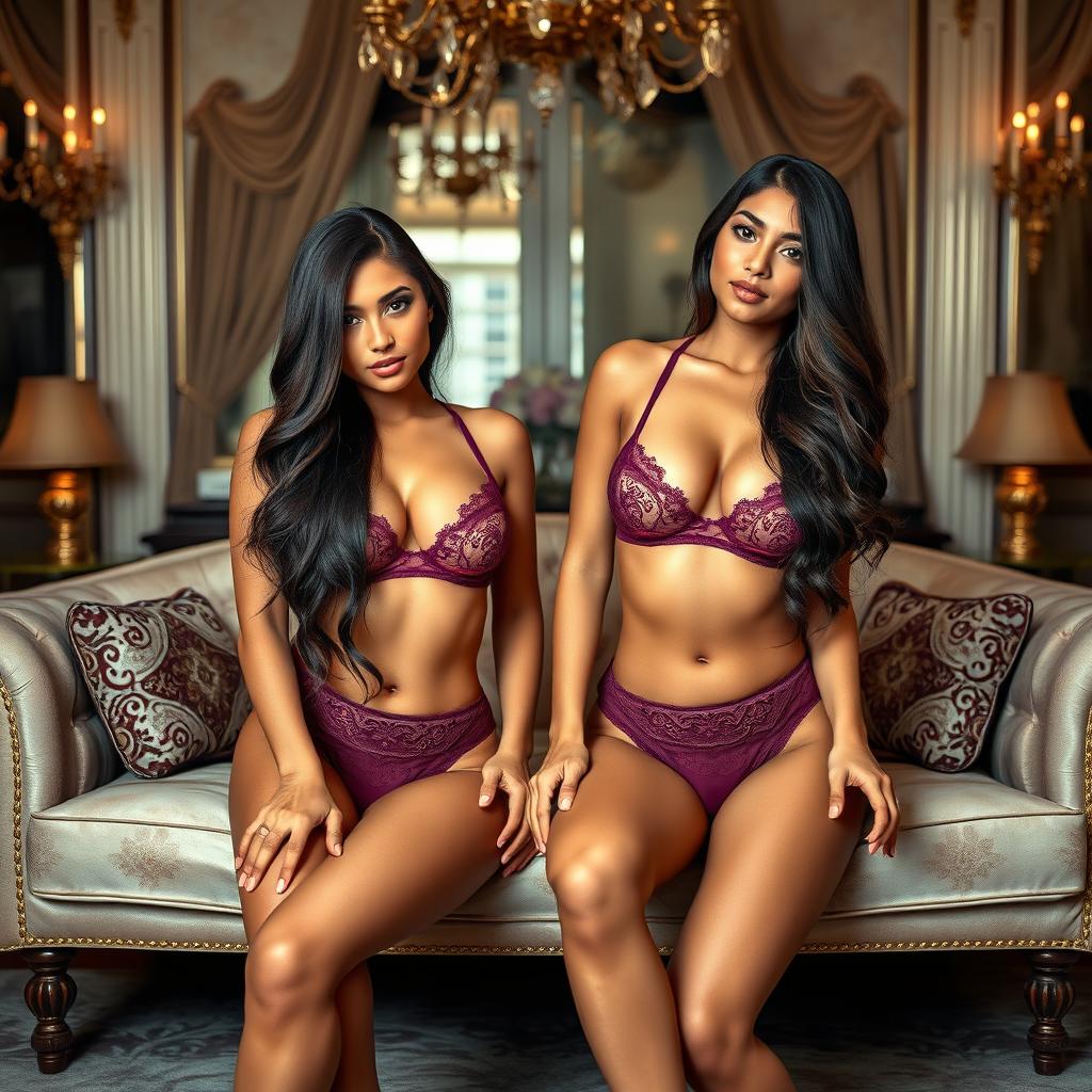 Gorgeous identical twin sisters, one aged 18 and the other 19, exuding a sexy and seductive charm with their tan Latina-Arabic skin and long, flowing brunette hair