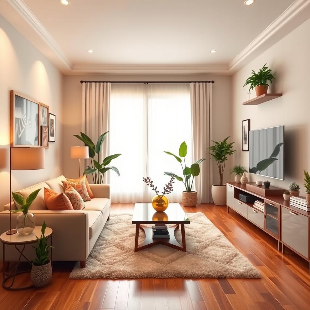 A beautifully decorated living room, featuring a cozy sofa adorned with colorful pillows, an elegant coffee table with a decorative centerpiece, and soft lighting that creates a warm ambiance