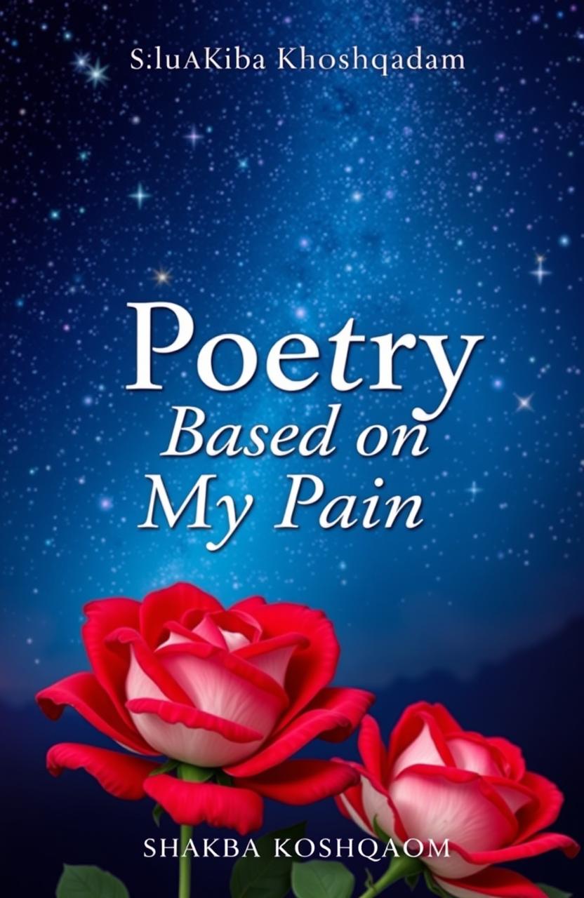 A beautiful and evocative book cover for a poetry book titled 'Poetry Based on My Pain' by Shakiba Khoshqadam