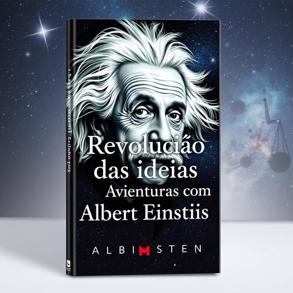 A captivating book cover design featuring Albert Einstein, depicted as an older gentleman with wild white hair and a thoughtful expression