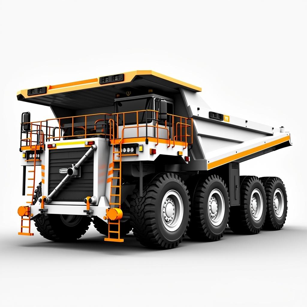 A 3D view of a robust six-wheeled dump truck designed for medium to large size, capable of transporting up to 20 tons of load