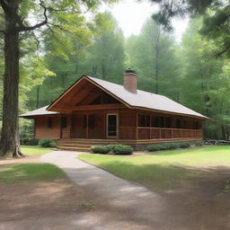 A retreat camp administration building with two offices, three bedrooms, a kitchen, dining facilities for 80 people, and a warm gathering area with a fireplace.