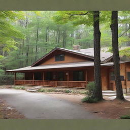 A retreat camp administration building with two offices, three bedrooms, a kitchen, dining facilities for 80 people, and a warm gathering area with a fireplace.