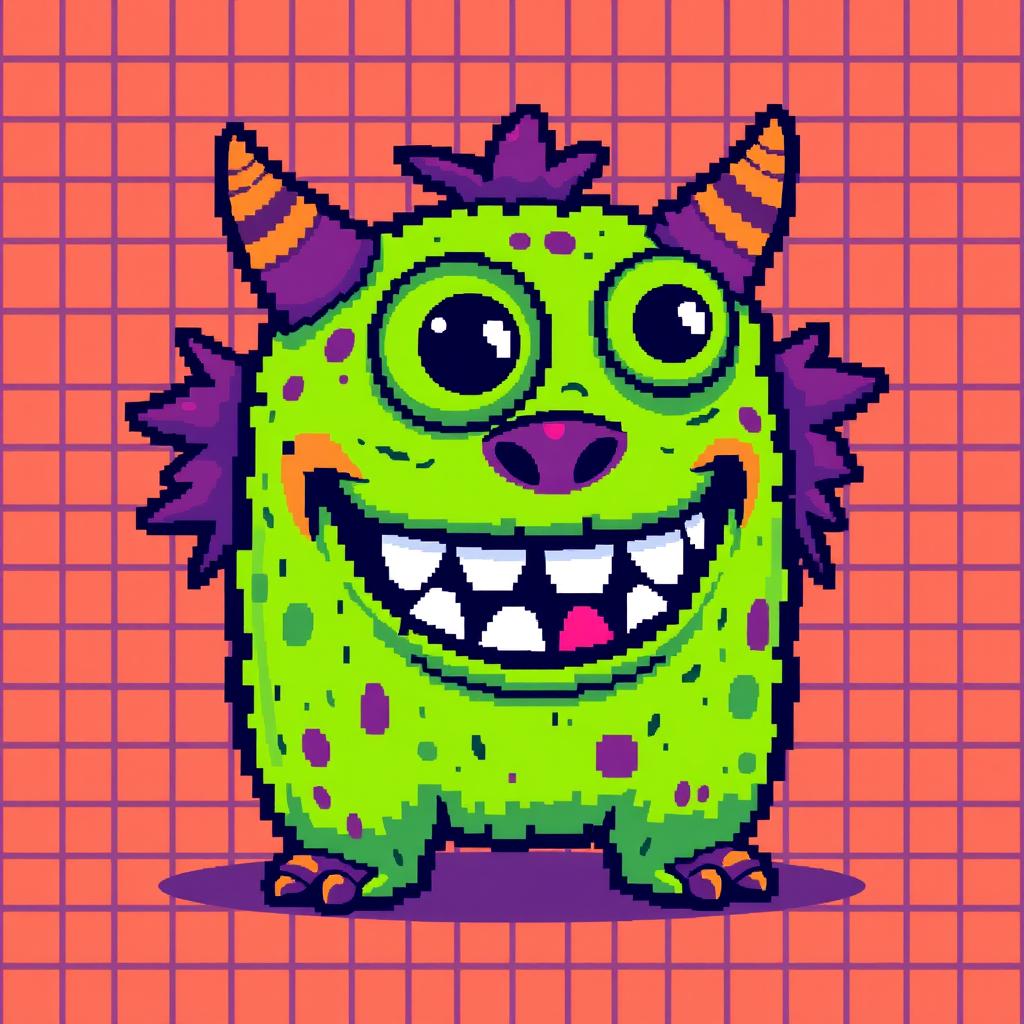 A vibrant, pixelated monster with exaggerated features, showcasing bright colors like green, purple, and orange
