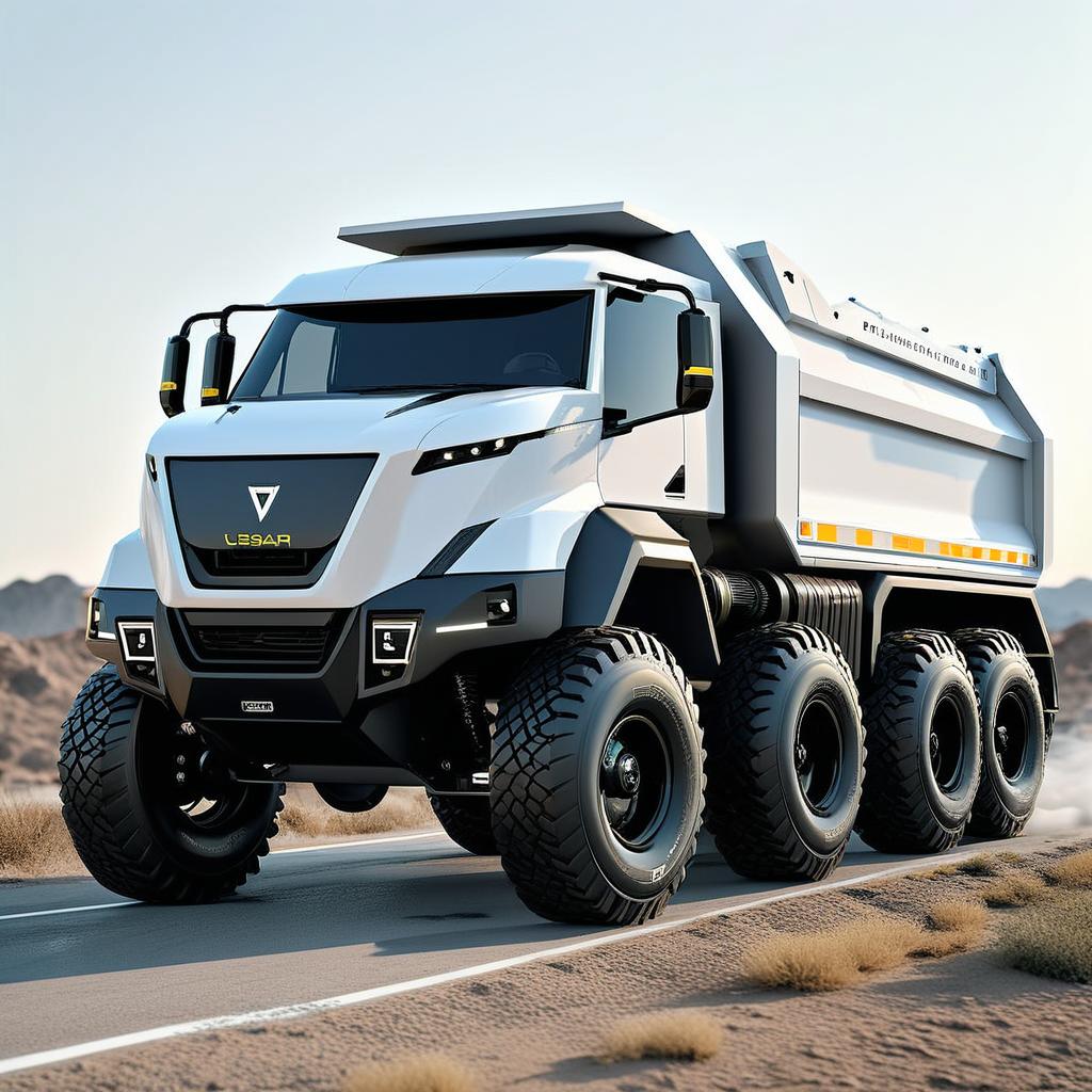 6x6 drive system with in-wheel electric motors Usar la imagen cargada como referencia y generar modelos similares de Camión volquete de 15 metros cúbicos, con una cabina aerodinámica, color blanco, faros LED rectangulares integrados en el parachoques, parabrisas amplio, con limpiaparabrisas duales; con grandes retrovisores y en la parte superior, focos de trabajo. Estribos laterales y una puerta de acceso robusta con agarraderas, interior funcional moderno, pistón hidráulico se ubica entre la cabina y la tolva El camión presenta seis ruedas (dos en cada eje) con un perfil off road llantas diámetro 20” en la llanta, y 50” en diámetro total de la rueda, el interior, se insinúa el motor eléctrico in-wheel Debajo de la tolva y hacia el centro del chasis, se distinguen compartimentos rectangulares donde se alojan las baterías Las líneas del chasis están reforzadas con largueros de acero en color gris oscuro