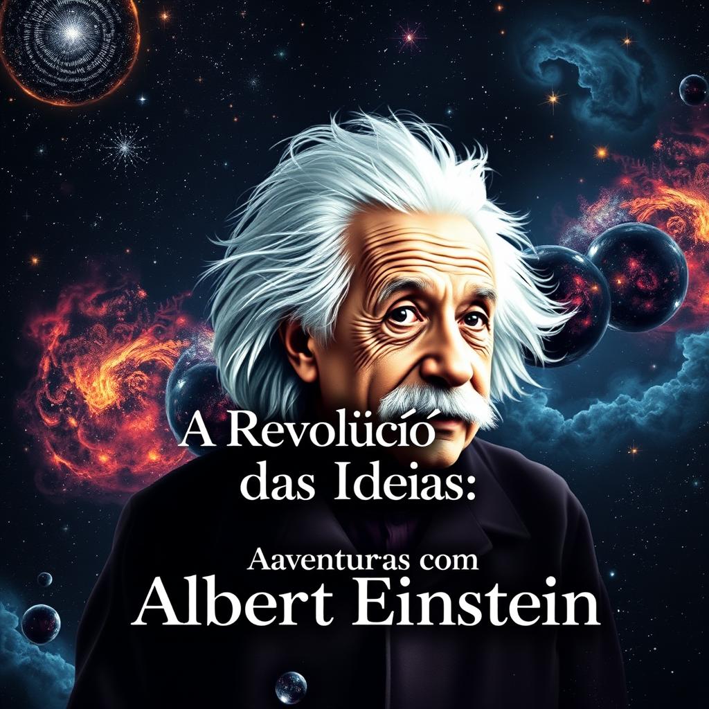 A full-screen book cover design featuring a prominent portrait of Albert Einstein, depicted as an older gentleman with wild white hair and a thoughtful expression