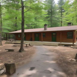 A retreat camp administration building with two offices, three bedrooms, a kitchen, dining facilities for 80 people, and a warm gathering area with a fireplace.