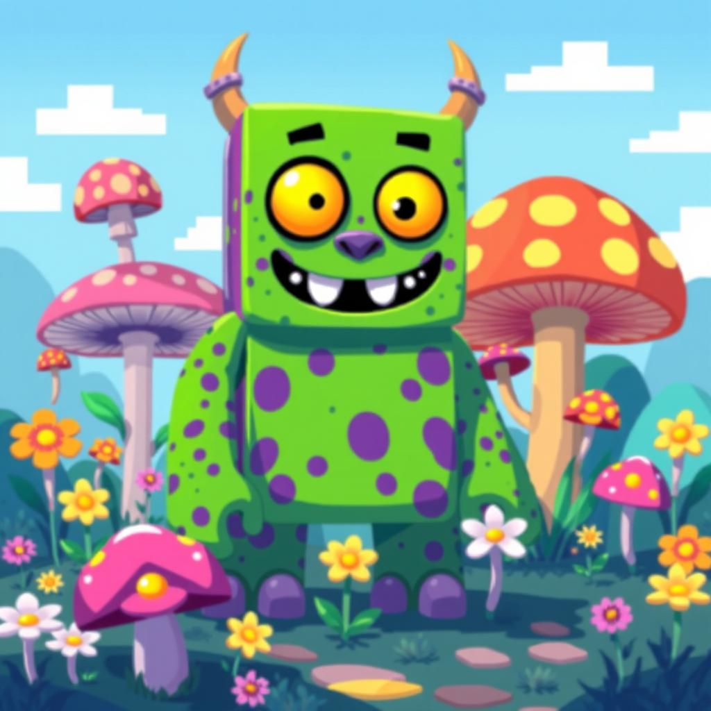 A large, pixelated monster with a blocky body, vibrant colors like neon green and purple, standing in a whimsical landscape full of oversized mushrooms and bright flowers