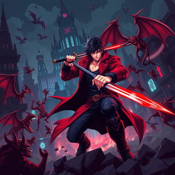 Pixel art style showcasing a dynamic battle scene inspired by Devil May Cry