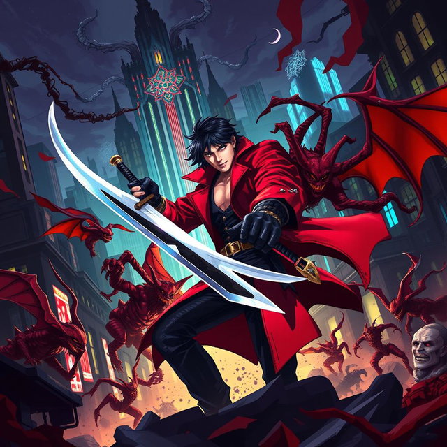 Pixel art style showcasing a dynamic battle scene inspired by Devil May Cry