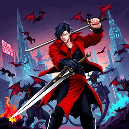 Pixel art style showcasing a dynamic battle scene inspired by Devil May Cry