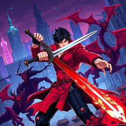 Pixel art style showcasing a dynamic battle scene inspired by Devil May Cry