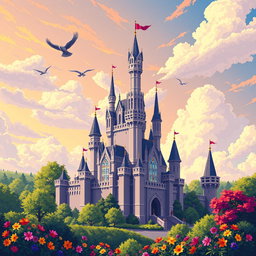 A beautifully detailed pixellated castle set against a vibrant sky, surrounded by lush greenery